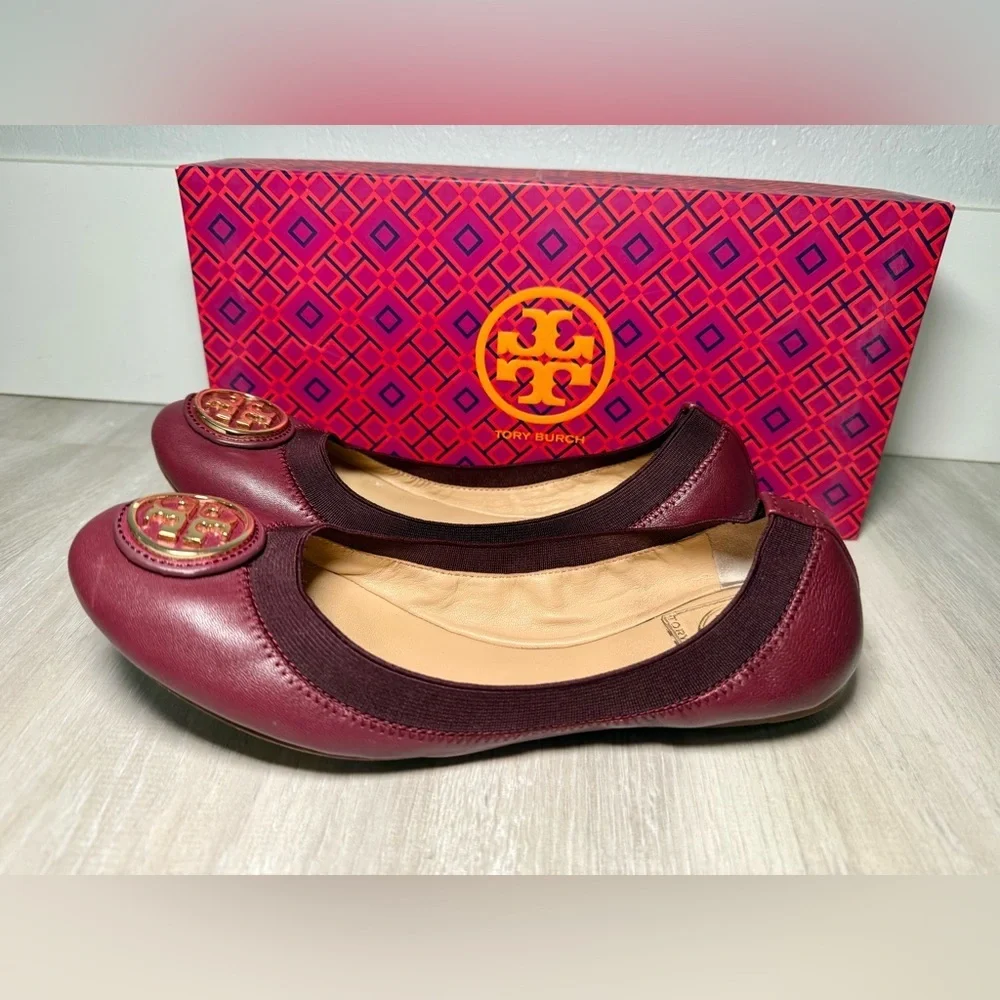 Tory Burch Burgundy Leather Ballet Flats Gold Logo Women Size 7.5 M